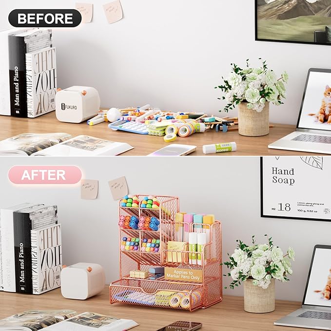 Marbrasse Mesh Pen Holder for Desk, Desk Organizer with Drawer, Multi-Functional Pencil Organizer, Desk Organizers and Accessories for Office Art Supplies (Rose Gold), MESH B17