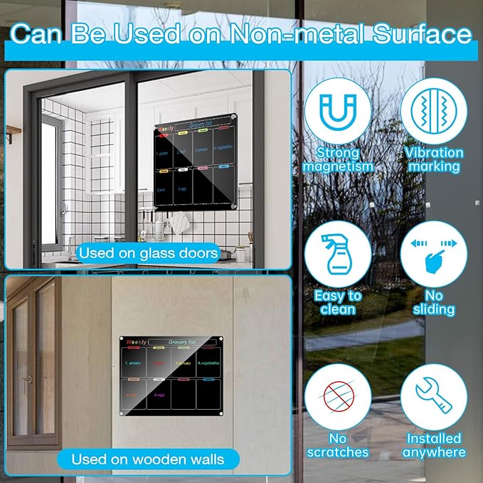 Fridge Calendar Meal Planning Board, Dry Erase Acrylic Magnetic Monthly Weekly Calendar Planner for Refrigerator with 6 Colors Markers (Black-Weekly+Monthly(15.7x11.8))