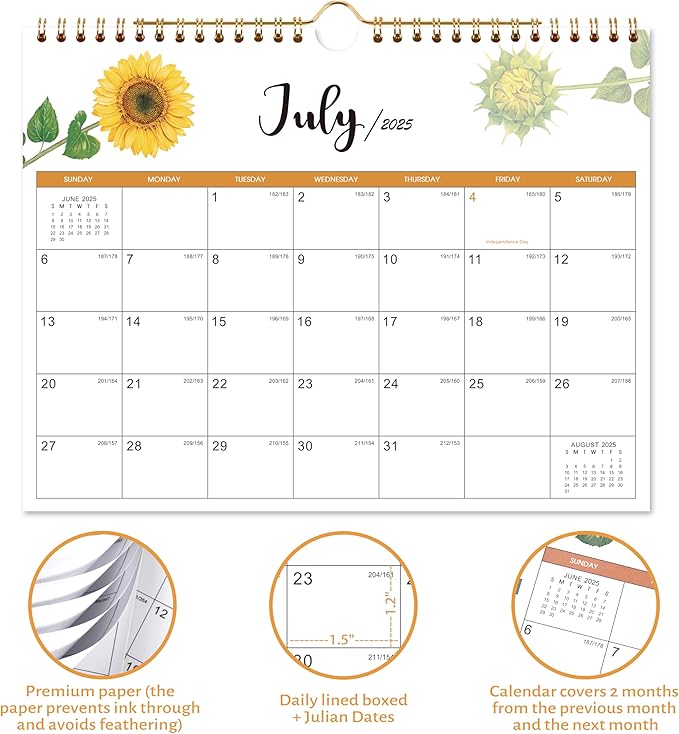 2025 Calendar - 2025 Wall Calendar, Jan. 2025 - Dec. 2025, 11" x 8.5", Small 12 Monthly Calendar 2025 with Thick Paper and Julian Date