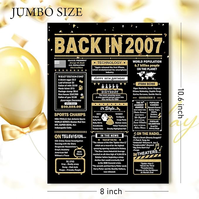 18th Birthday Card, 18th Birthday Decorations for Girls Boys, 18th Birthday Gifts for Son Daughter, Back in 2007 Birthday Card, Black Gold