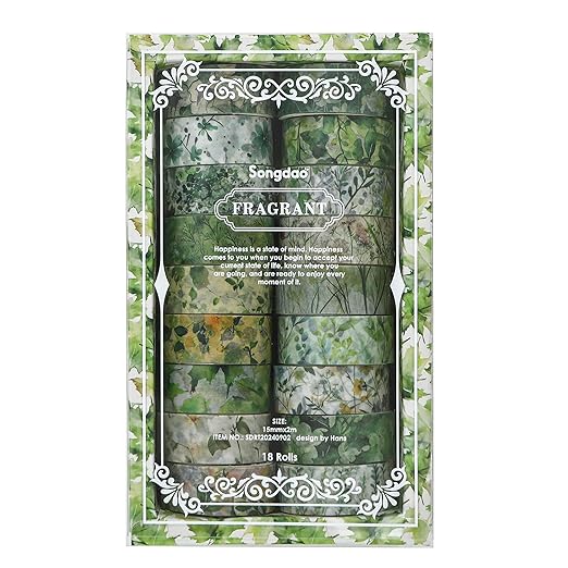 18 Rolls Blossom Washi Tape Set Floral Arts Adhesive Tapes Flowers Garden Decorative Masking Tape Sets for Craft, Kids, Scrapbook, DIY, Gift Wrapping (Emerald Vines)