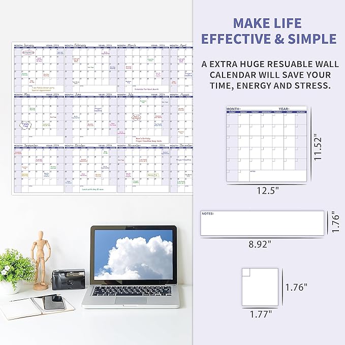 Large Dry Erase Calendar – Yearly Wall Calendar Dry Erase, 57.9" x 37", 12-Month Undated Calendar, Reusable Laminated with 15 Stickers - Purple