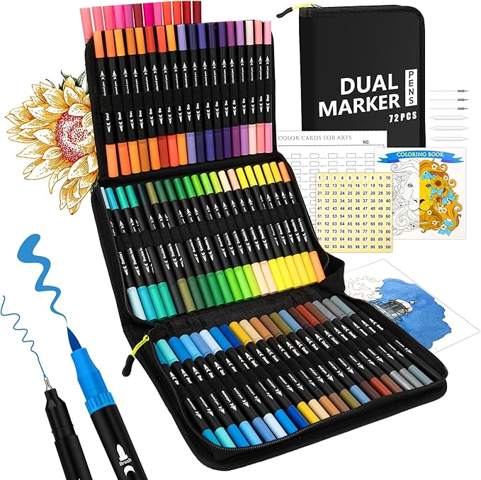 Markers for Adult Coloring Books, 72 Colors Art Markers Set Dual Tip Brush Pen, Coloring Marker Fine Point No Bleeding, Art Supplies for Calligraphy, Journaling, Sketching & Lettering with Case