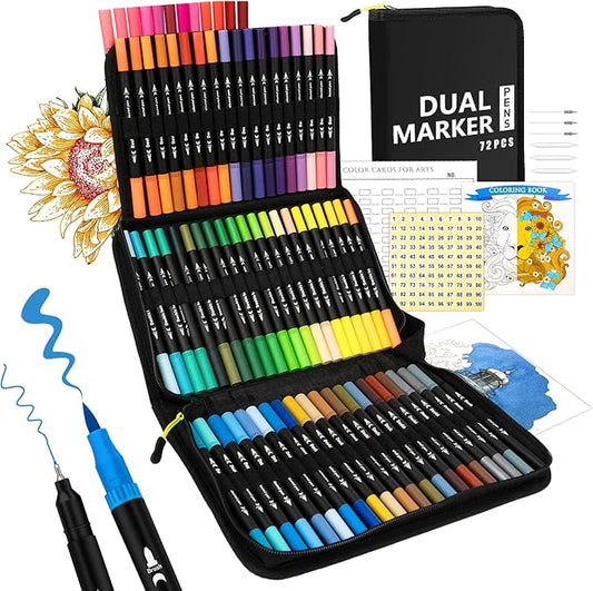 Markers for Adult Coloring Books, 72 Colors Art Markers Set Dual Tip Brush Pen, Coloring Marker Fine Point No Bleeding, Art Supplies for Calligraphy, Journaling, Sketching & Lettering with Case