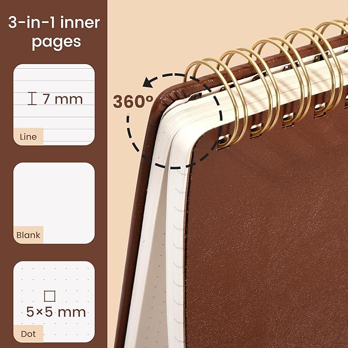 Yoment Top Spiral Notebook Leather Large Steno Pads 240 Pages Spiral Notepad for Work 7x10 Top Bound Steno Notebook, 100 GSM Thick Paper, Left Handed Notebooks for Office College School, Brown