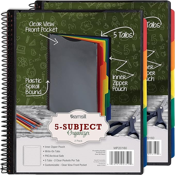 Samsill 2 Pack 10 Pocket Project Organizer with 5 Dividers,File Folders Letter Size,Customizable Front Cover,Inner Zipper Pouch,Erasable Write-On Tabs in Assorted Colors, Plastic Folders with Pockets