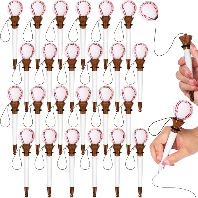 Lincia 24 Pcs Sport Funny Pen Hoop Ballpoint Novelty Bulk Plastic Sports Soccer Basketball Baseball Football Tennis Golf Themed Pen for Birthday Party School Award Party Favor Supplies(Baseball)