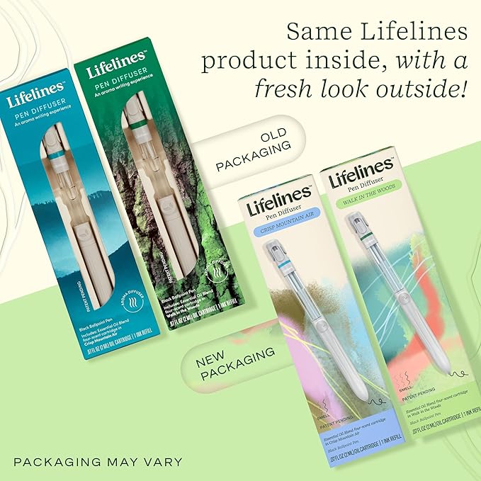 Lifelines Pen Diffuser Set, 2-Pack (Crisp Mountain Air & Walk in The Woods) - 1mm Black Ballpoint Pens with Scented Essential Oil Blends – Aromatherapy Diffuser & Sensory Immersion Diffuse Aroma
