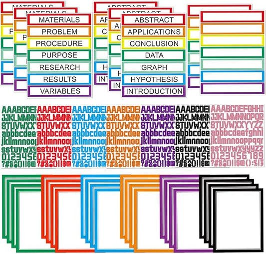 39 Sheets Science Fair Board Supplies - 24 Self Adhesive Presentation Subtitles, 6 Science Fair Project Titles, 2 Blank Titles, 7 Personalized Letter Stickers for Classroom Office, Colorful