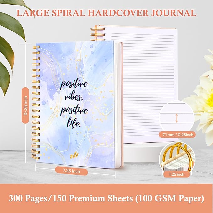 Journal for Women Spiral - 10.25" x 7.25" 300 Pages - Teacher Notebook, Hard Cover Spiral Notebook Pretty Notebooks for Women (Positive Vibe) Marble