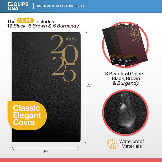 Weekly Planner 2025, Planner, 2025 Weekly Planner, 2025 Planner Weekly And Monthly, 5” x 8”, Weekly Pages, 12 Black 6 Brown 6 Burgundy, (24 Pack, 5 X 8)