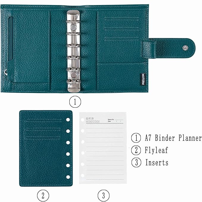 Moterm Pocket Regular Rings Planner - Genuine Leather Binder Organizer (Pebbled-Deep Teal, 19mm Ring)