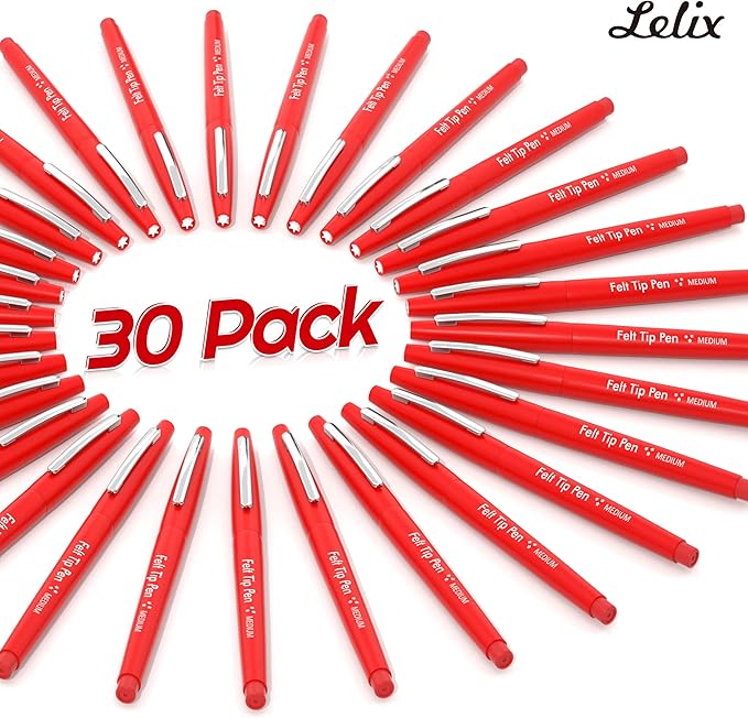 Lelix Felt Tip Pens, 30 Red Pens, 0.7mm Medium Point Felt Pens, Felt Tip Markers Pens for Journaling, Writing, Note Taking, Planner, Perfect for Art Office and School Supplies