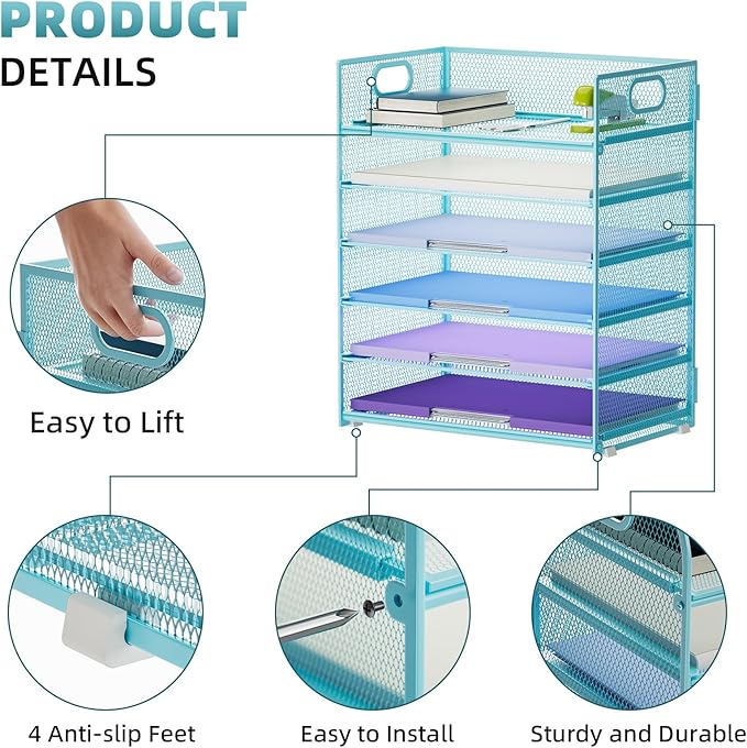 Marbrasse 6 Tier Paper Organizer Letter Tray - Mesh Desk File Organizer with Handle, Paper Sorter Organizer for Letter/A4 Office File Folder Holder -Blue