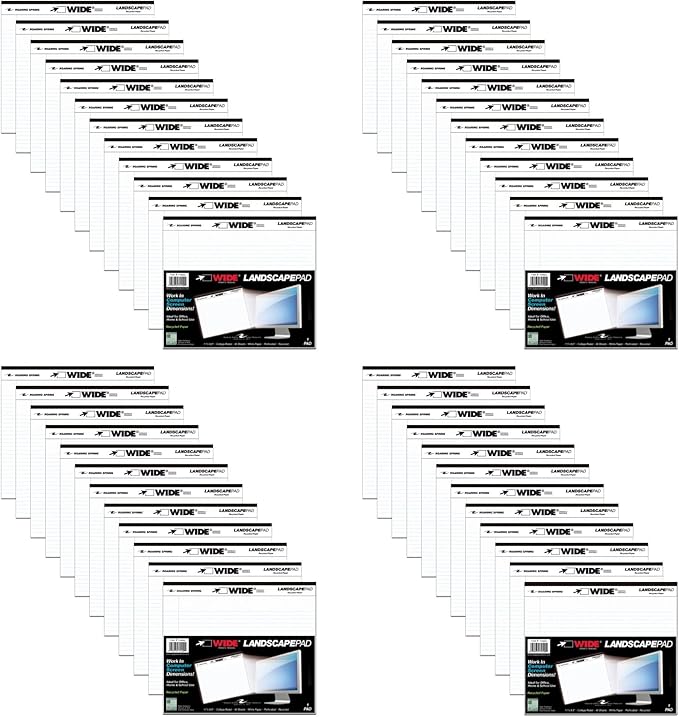 Roaring Spring Case of 48 of Landscape Note Pads, 11"x9.5", 40 sheets of Heavyweight 20# Recycled White Paper, College Ruled W/Margin, Micro-Perforated