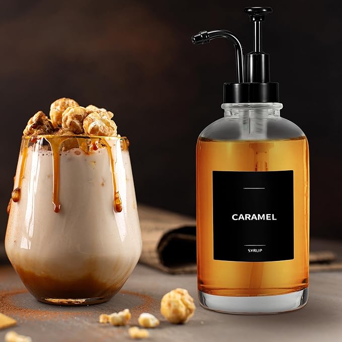 Coffee Syrup Labels for Bottles, Syrup Dispensers - 2.5" x 2.5" Waterproof & Durable PVC Stickers - Modern Coffee Bar Essentials for Home, Kitchen, Beverage Station - Minimalist Black, 22pcs