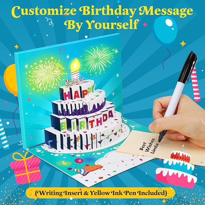 3D Pop-Up Birthday Card with LED Lights & Blowable Candle – Interactive Music Greeting Card for Women, Men, Kids Green