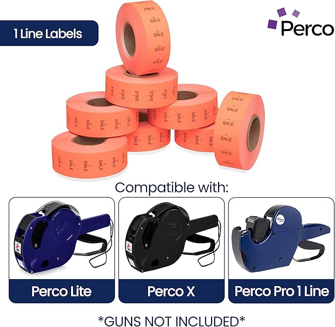 Perco 1 Line Fluorescent Red Sale Labels - 80 Rolls, 10 Sleeves, 80,000 Blank Price and Date Gun Labels for Perco 1 Line Price and Date Guns - Made in USA