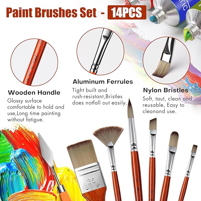 14pcs Acrylic Paint Brushes, Professional Synthetic Bristles Paint Brush Set with Extra Palette Knife - Flat, Filbert, Fan, Dagger, Round, Angle, Rigger Paint Brushes for Oil, Acrylic Canvas Paintings