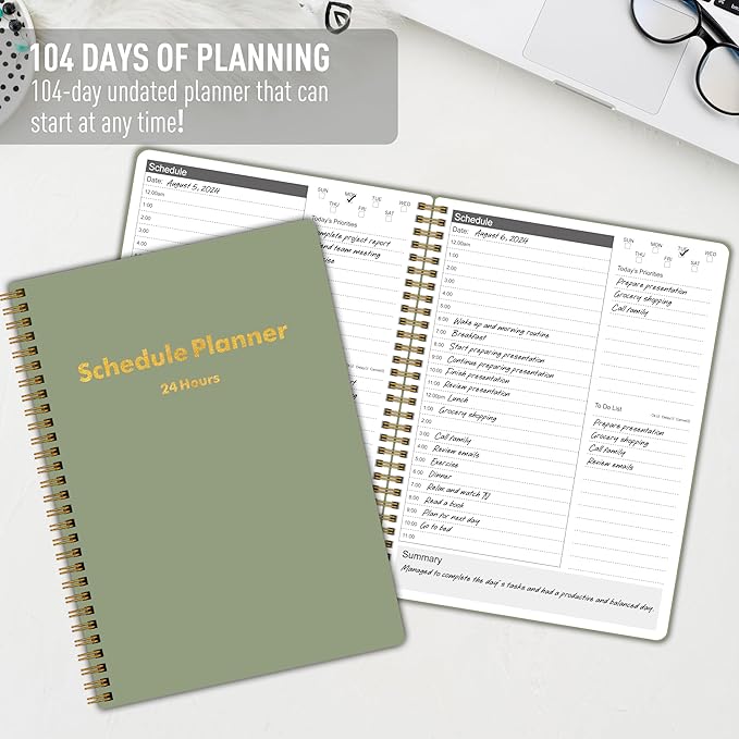 Daily Planner 24 Hourly Schedule from 12am - 12pm, Undated Hourly Planner with To-Do List, Priorites, 7" x 10", Organize Your Tasks and Appointments for Office, School, and Home - Green