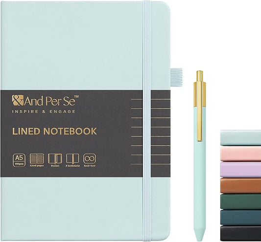 A5 Lined Leather Journal and Pen Set, Hardcover Notebook with Pen, 160 Pages 100gsm Thick Ruled Paper for Men Women, for Work, Business, School or Home Writing, 5.7'' x 8'' (Cyan-Set1)