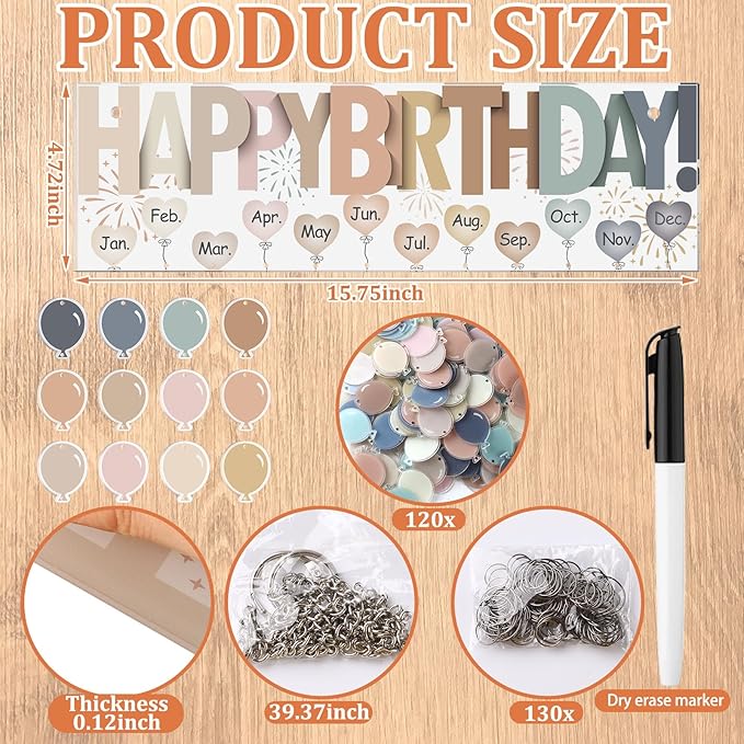 Eersida Birthday Calendar Wall Hanging Family Birthday Plaque with Tags Acrylic Birthday Reminder Calendar Board Classroom Birthday Reminder 120 Tags Christmas Party Gifts Home Decor(Boho Color)