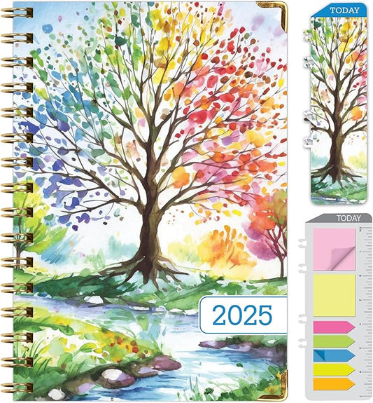 HARDCOVER 2025 Planner, 5.5"x8": 14 Months (November 2024 - December 2025), Daily Weekly Monthly Planner, Yearly Agenda, Bookmark, Pocket Folder and Sticky Note Set (Tree Seasons)