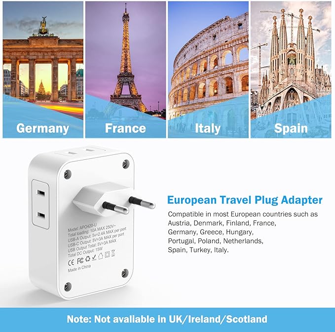 2 Pack European Travel Plug Adapter with USB C, US to Europe Power Adapters with 4 AC Outlets, 3 USB Charging Ports, International Plug Adapter, 7 in 1 Travel Essentials for Italy France Greece