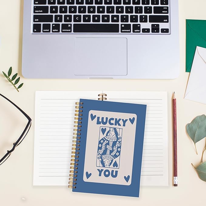 BearCake Funky Retro Y2K Blue Preppy Notebook, Lucky You Poker Preppy Journal, Blue Aesthetic Notebooks, Blue Office Supplies, Blue Desk Accessories, Hardcover Spiral Notebook 5.5x8.3