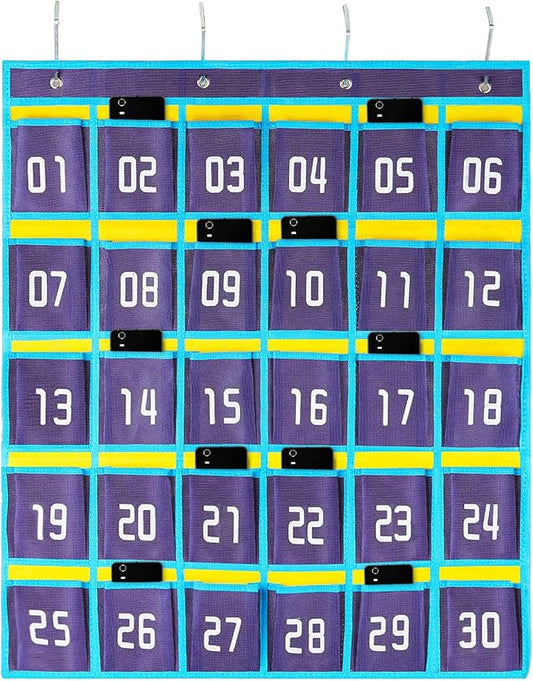 Loghot Numbered Classroom Sundries Closet Pocket Chart for Cell Phones Holder Wall Door Hanging Organizer (30 Pockets Blue)