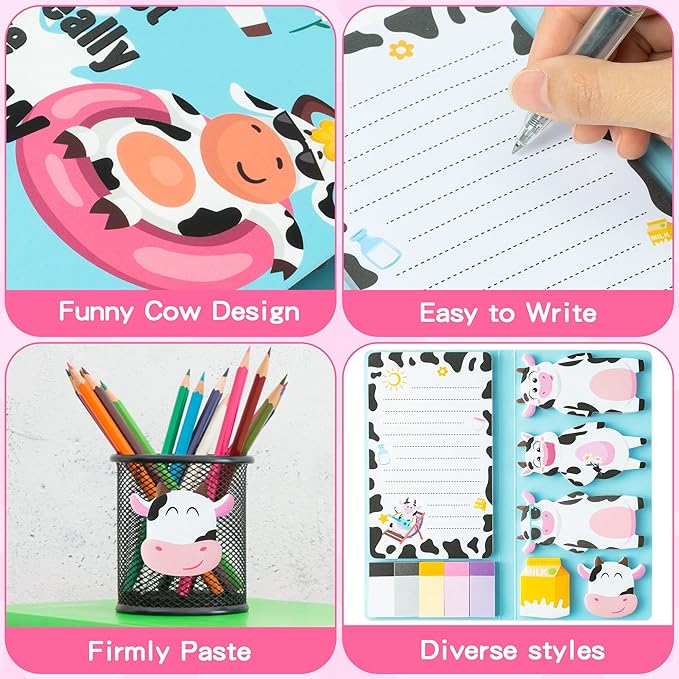 B1ykin Sticky Notes Set - Cartoon Theme Cute Self-Stick Notes Pad Teacher Appreciation Gifts， Self-Adhesive Writing Memo Pages Sticky to Do Notepad for Kids Employee School Office (Funny Cow)