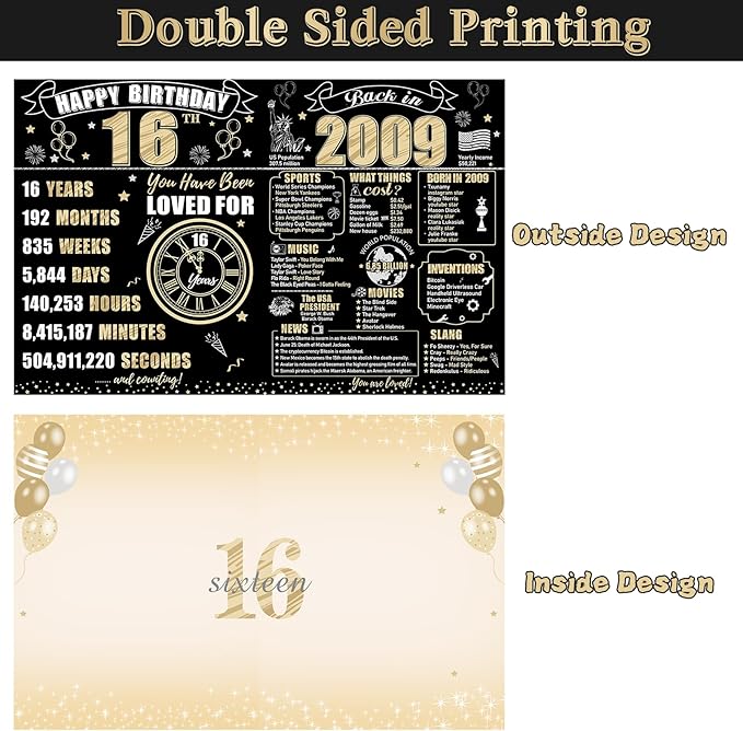 Large 16th Birthday Card With Envelope for Boys Girls, 2009 Black Gold Happy 16th Birthday Giant Guest Signature Book Gifts, Big Vintage 2009 16th Greeting Card Decoration Party Supplies