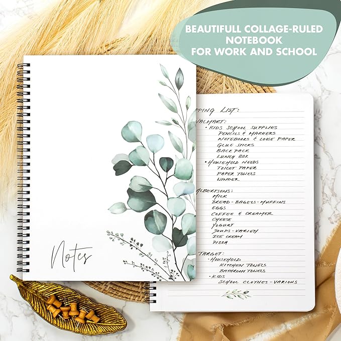 ZICOTO Aesthetic Spiral Notebook Journal For Women - Cute Greenery 10.5" x 8.5" College Ruled Notebook With Large Pockets, Lined Pages and Hardcover - Perfect to Stay Organized at Work or School