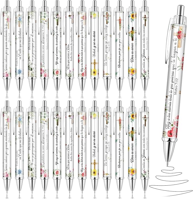 24 Pcs Spanish Christian Pens Regalos Cristianos En Español Bible Verse Ballpoint Pens with Inspirational Quote Spanish Christian Gifts for Religious Church Office School (Wildflower)