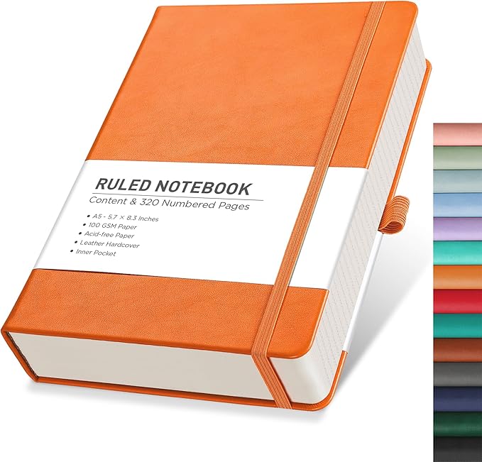 RETTACY Journaling Notebooks, A5 Lined Notebook Journal with 320 Numbered Pages, 5.7'' × 8.3'', Medium Size, Journal Notebook for Writing, Work, Leather Hardcover, 100 GSM Thick Paper (Orange)