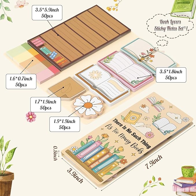 B1ykin Sticky Notes Set - Cartoon Theme Cute Self-Stick Notes Pad Teacher Appreciation Gifts, Self-Adhesive Writing Memo Pages Sticky to Do Notepad for Kids Employee School Office (Book Lovers)