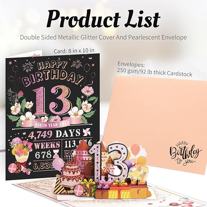 13th Birthday Card for Girl, Jumbo Pop Up 13th Birthday Cards for Daughter, Happy 13th Birthday Decorations for 13 Year Old Son Daughter Funny Birthday Gifts, Review of 2012, Pink