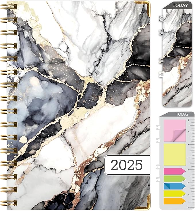 HARDCOVER 2025 Planner, 5.5"x8": 14 Months (November 2024 - December 2025), Daily Weekly Monthly Planner, Yearly Agenda, Bookmark, Pocket Folder and Sticky Note Set (Black Gold Marble)