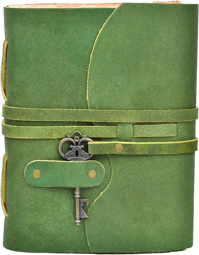 LEATHER VILLAGE Vintage Leather Journal – 200 Handmade Vintage Deckle Edge Paper – Leather bound Journal For Women Men – Vintage Key Closure - Book of Shadows - Green - 13X8 inches