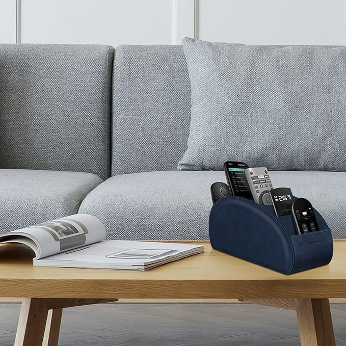 Large Remote Control Holder with 5 Compartments, KENOBEE Anti-slip Desktop Caddy Storage Organizer for Phone, Remote Controllers, Office Supplies, Makeup Brush, Media Accessories,Blue