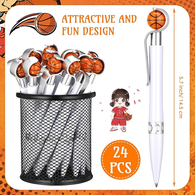 Zhanmai 24 Pcs Novelty Basketball Pens Sports Ballpoint Pens Basketball Party Favors Desk Cool Writing Tool for Students Supplies Stationery School Office Decor(White,Basketball)
