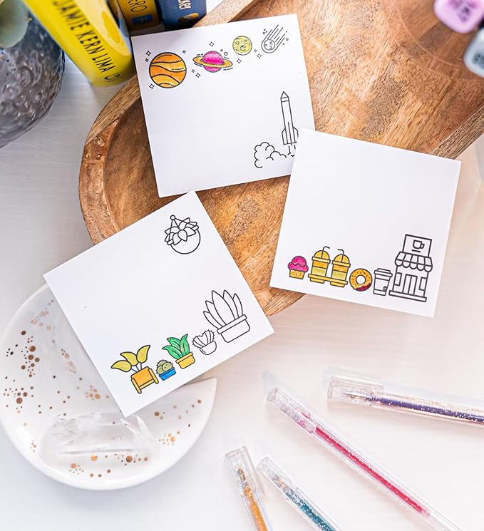 A Brighter Year Color Your Own Post-It Notes Bundle - 3 Sticky Note Pads - 3” x 3” Self Stick Notes - Coffee, Plant, & Space Themes -School, Office, Home, Travel, Notebook - Relaxation, Stress Relief