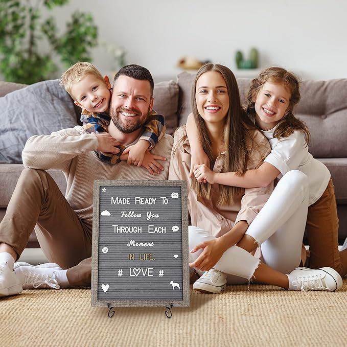 Felt Letter Board 12x16 Inch Rustic Wood Frame,Pre Cut & Sorted 725 Letters with Stand, Dark Grey Changeable Letter Boards Message Board Sign, Classroom Decor Farmhouse Wall Decor Sign Board