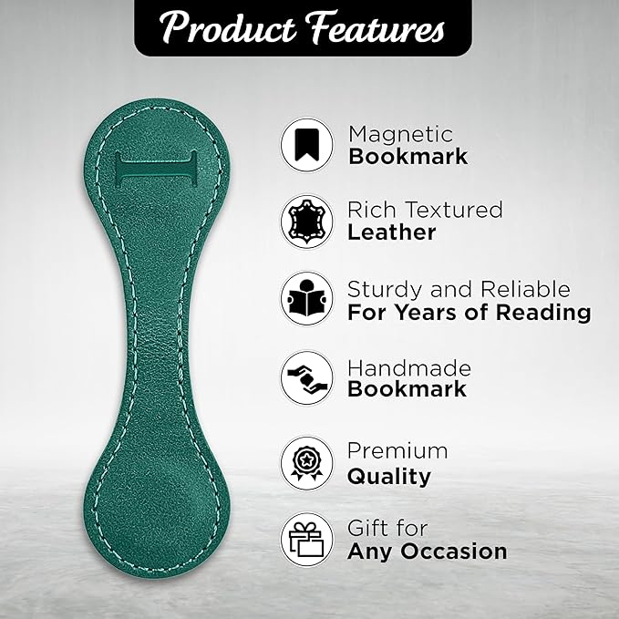 Personalized Leather Magnetic Bookmarks (1 Pack) Vintage Custom Engraved Initial ID Identification Book Marker Clip Gift for Book Lover Avid Readers (Letter I, Green)