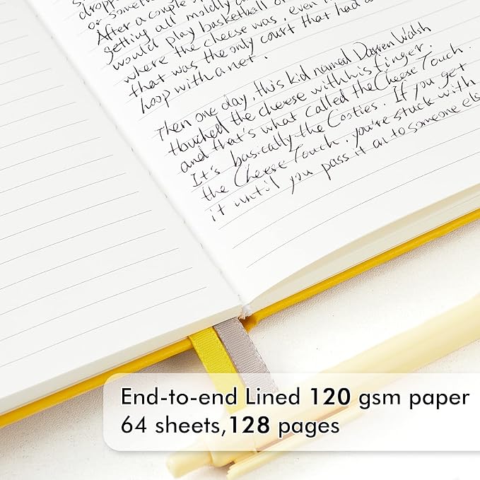 feela Hardcover Notebook For Work, Classic Ruled Lined Journal Set School Business Supplies, with 3 Black Pens, 120 GSM, 5.1”x8.3”, 3 Pack, A5, Solid Colors, Yellow, Orange, Emerald