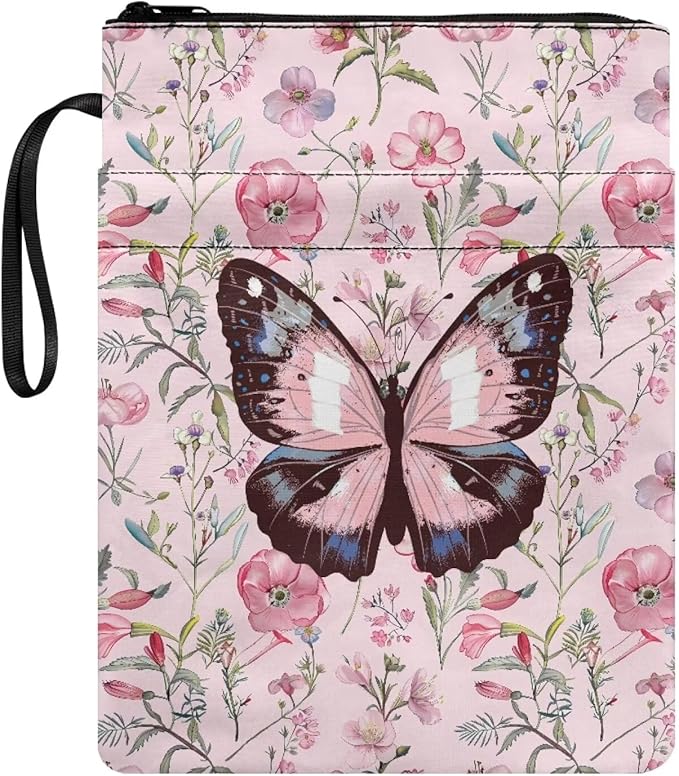 COEQINE Pink Butterfly Book Sleeve with Zipper Portable 9x11 Inch Portable Book Covers Hardcover Paperback Book Lovers with Front Pocket
