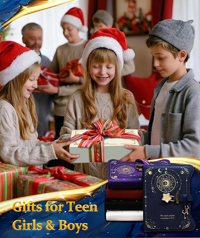 Diary with Lock and Keys for Girls Gift Ideas, 360 Kraft Pages Journal for Women, B6 Refillable Notebook for Writing with Pen and Bookmark (Astro Black)