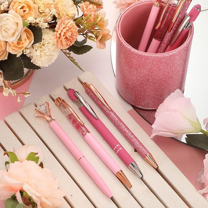 Sabary 8 Pcs Ballpoint Pens with Pen Holder for Desk Glitter Crystal Diamond Fancy Pencil Holder Bling Desk Organizer Cute Office Supplies for Women Girls Valentines Birthday Gifts(Pink)