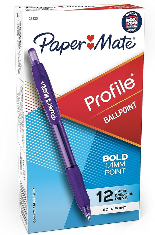Paper Mate Profile Retractable Ballpoint Pens, Bold (1.4mm), Purple, 12 Count
