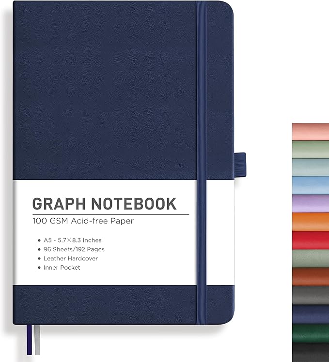 RETTACY Graph Paper Notebook, A5 Grid Notebook Journal with 192 Pages, 5.7'' × 8.3'', Medium Size, Leather Hardcover, 100 GSM Thick Paper, for Students, Homework, Math, Engineering (Navy Blue)